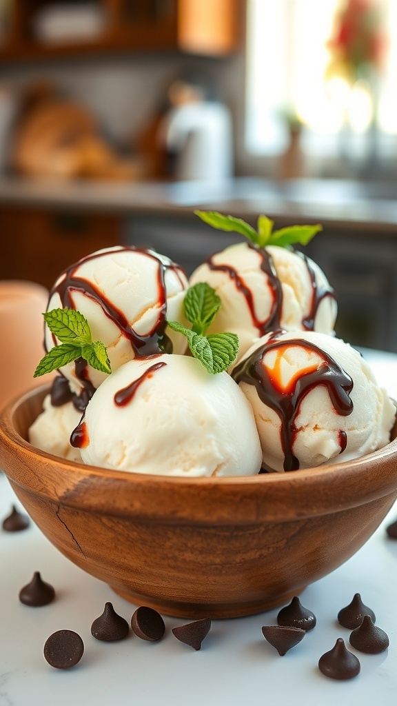 Two scoops of vanilla ice cream in a wooden bowl, topped with chocolate sauce and mint.